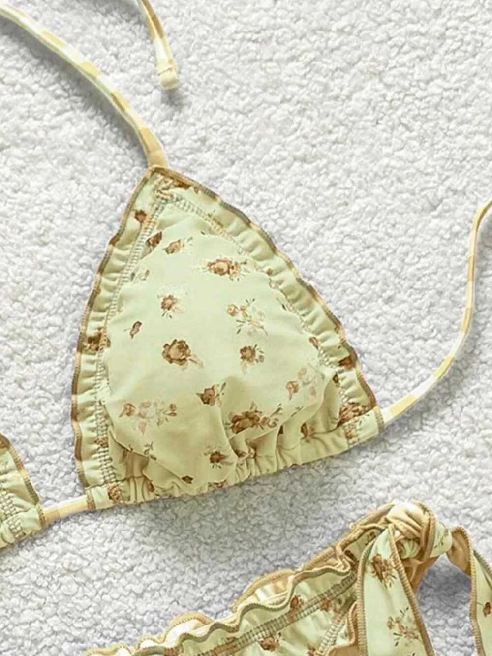 Brand New Ruffled Yellow & Brown Floral & Checkered Reversible Bikini Size M